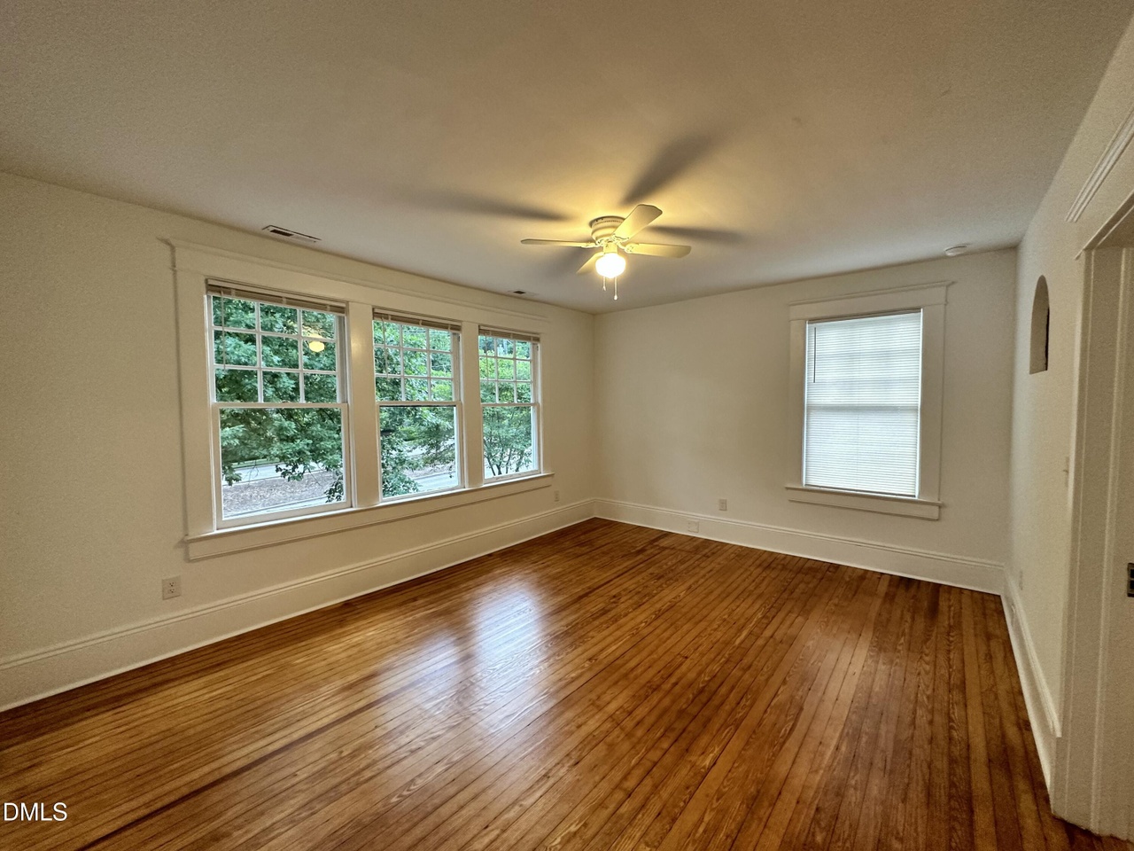 Front room with three double-hung windows onto the tree line, a ceiling fan, and refinished heart-pine floors